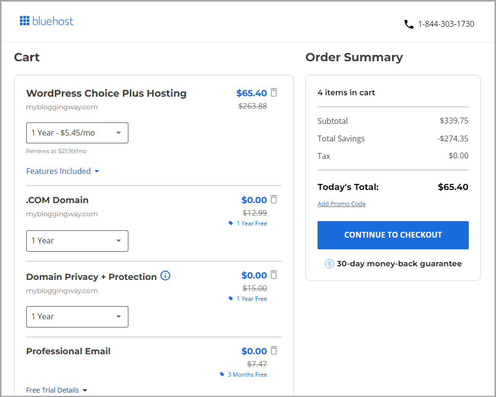 Bluehost Cart Page