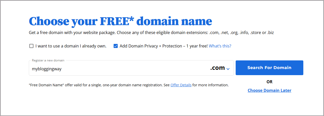 Choose domain name at Bluehost