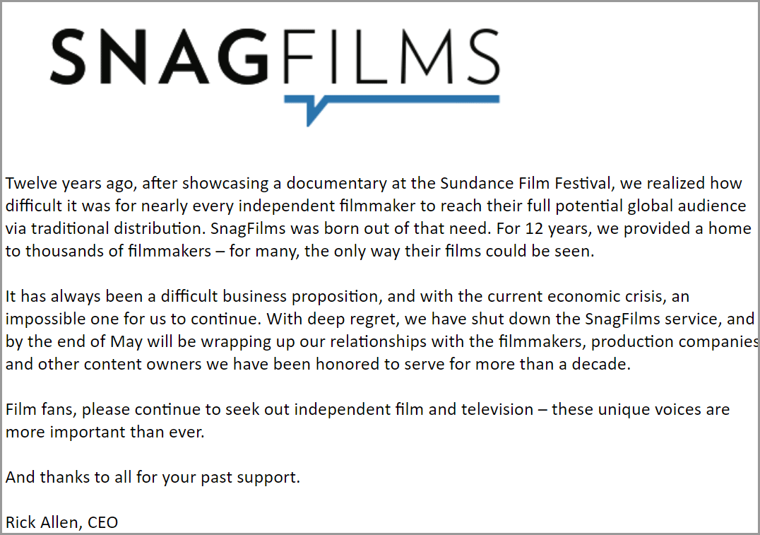 snagfilms shut down offical announcement 