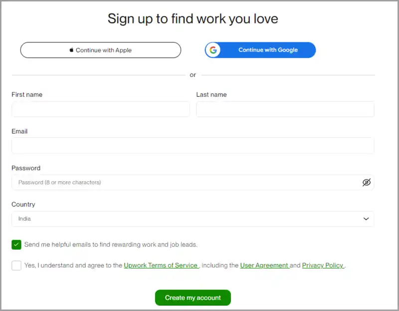 Creating account on Upwork