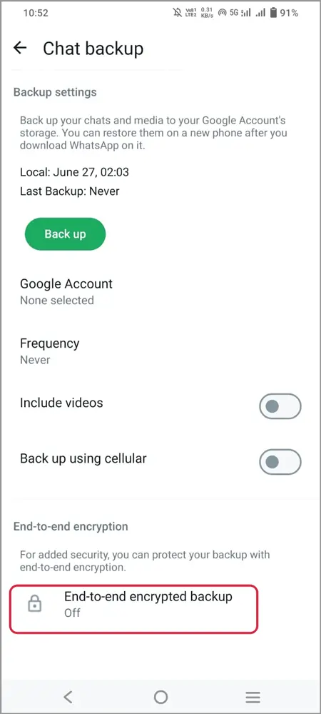 How to disable end to end eencryption in whatsapp