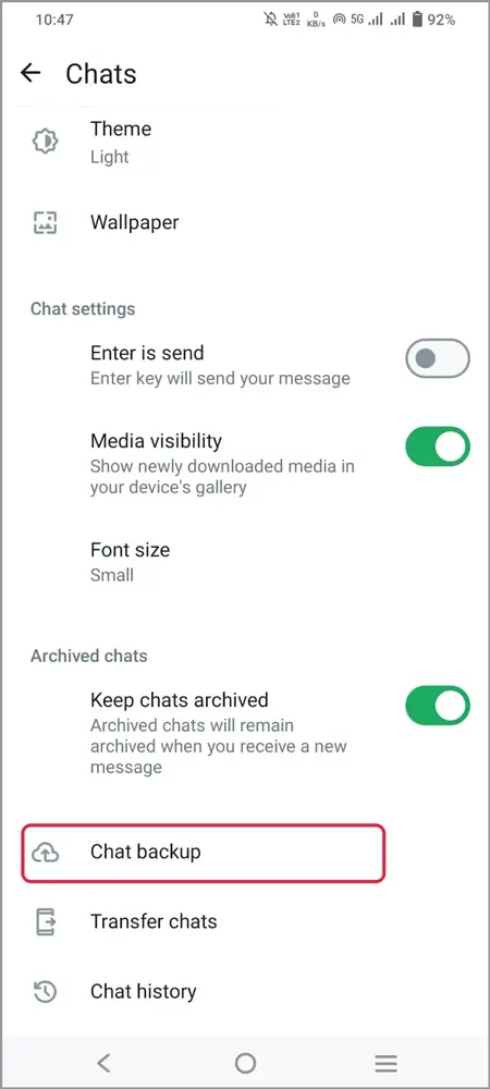 Whatsapp chat backup option