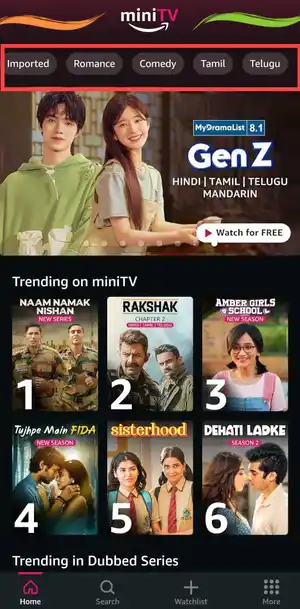 AmazonMiniTv Navigation menu