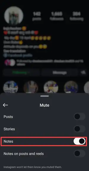 how to mute notes on Insta