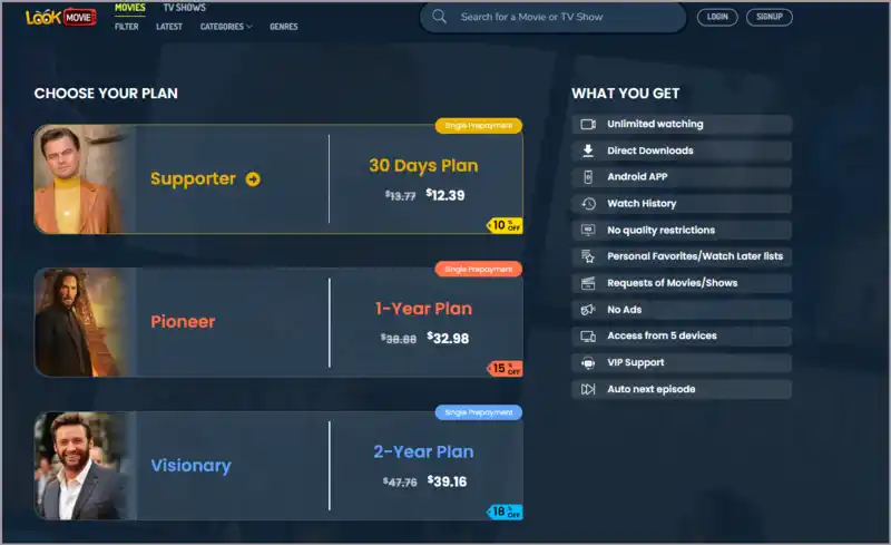 Premium plans Of Lookmovie website