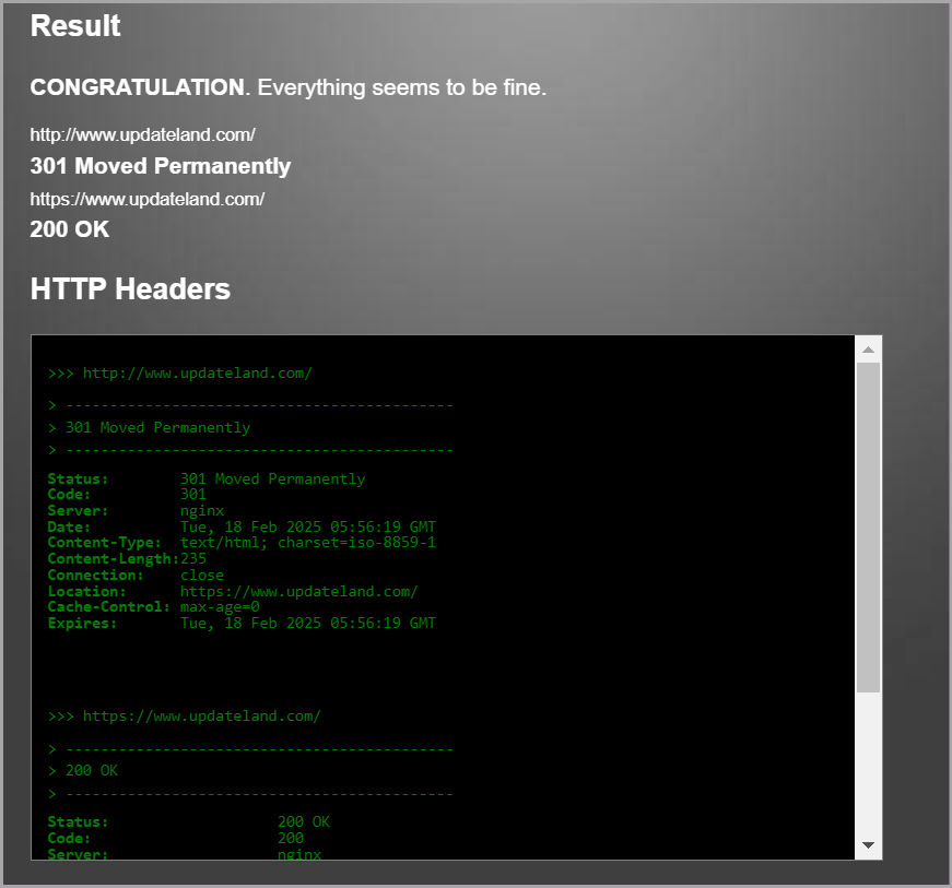 Redirect Checker tool report